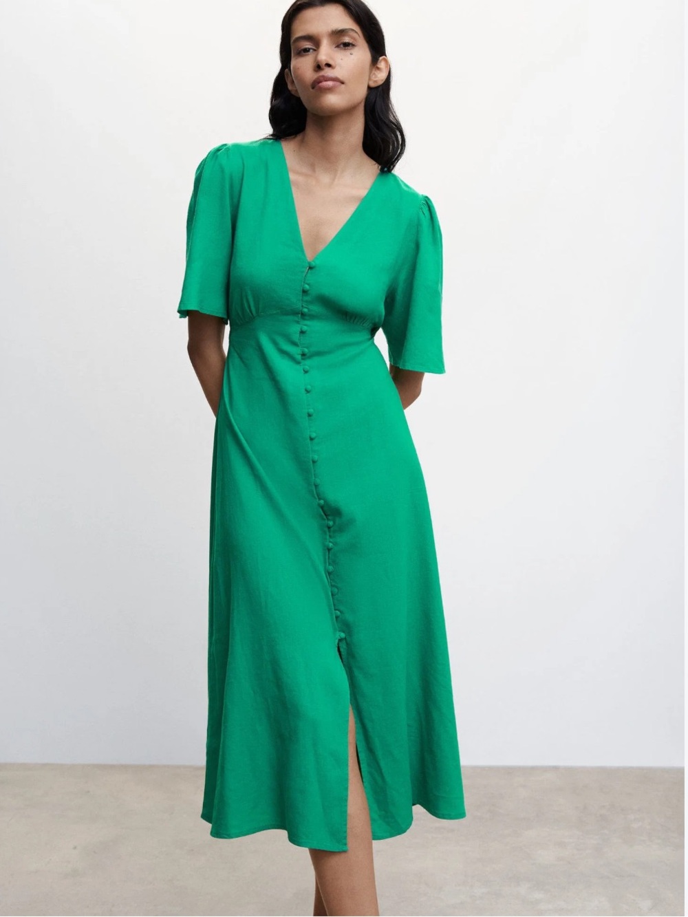 NWT Mango Linen blend Green V-Neck Button-Front Midi Dress
